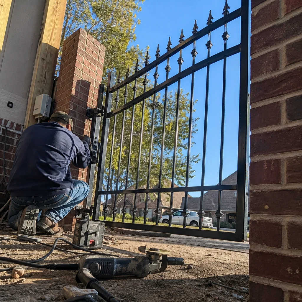 Professional technician installing a black wrought iron driveway gate.