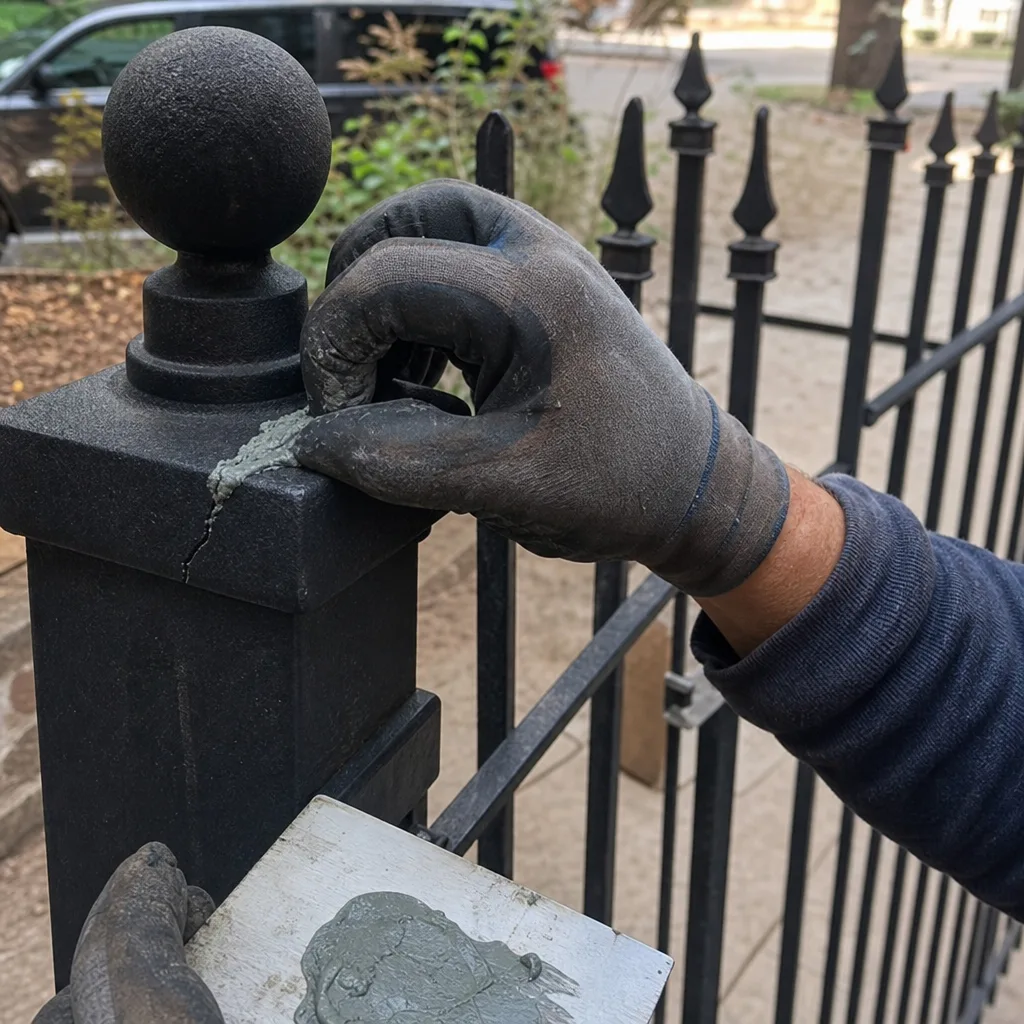 Professional worker repairing a crack on a metal fence post