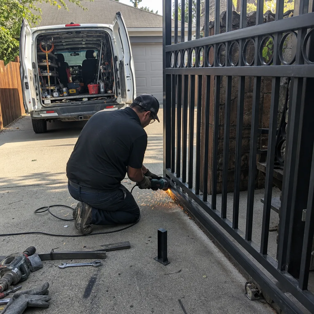 Professional technician performing custom metal gate repair with power tools