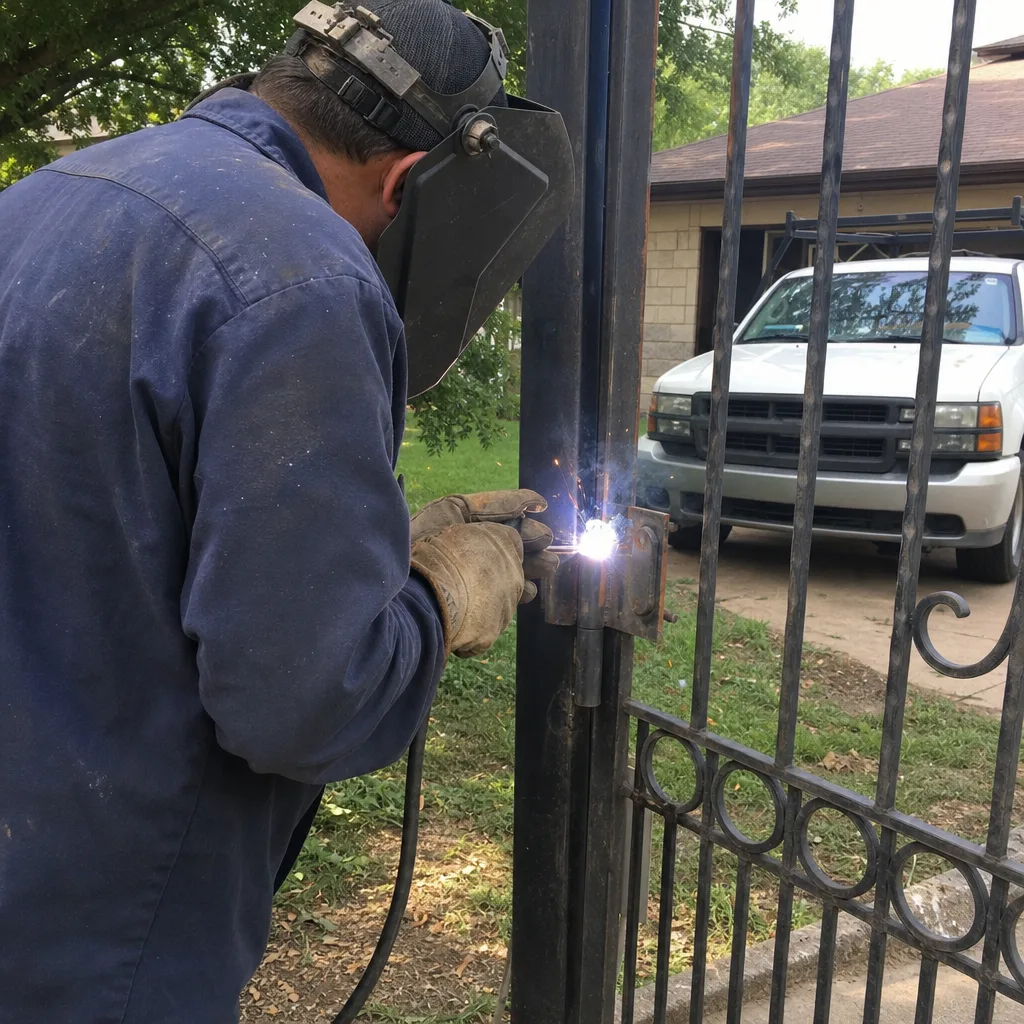 Professional welder performing metal gate repair with welding equipment