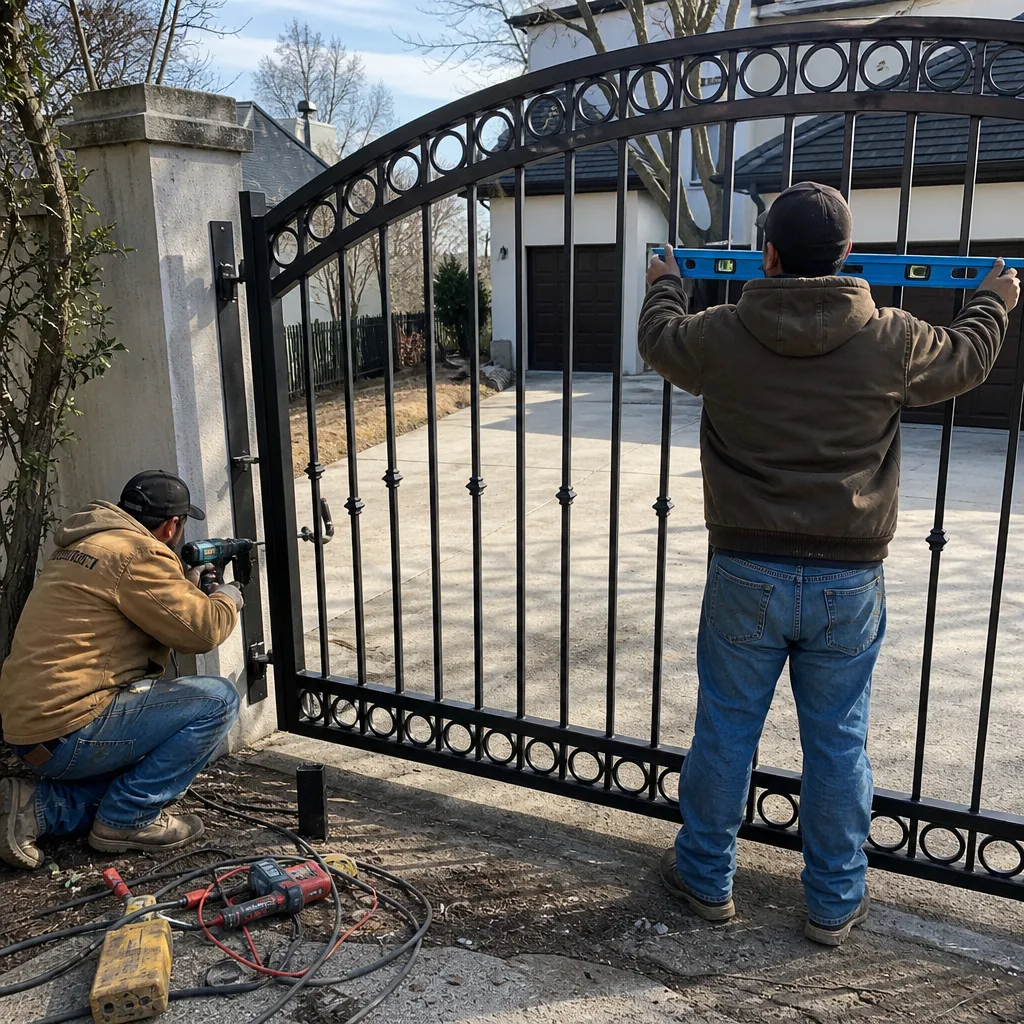 Two professional technicians installing and leveling a black wrought iron gate in Murphy, TX