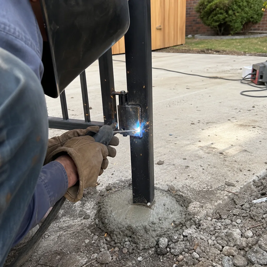 Professional welder performing residential gate installation and hinge repair in Murphy, TX